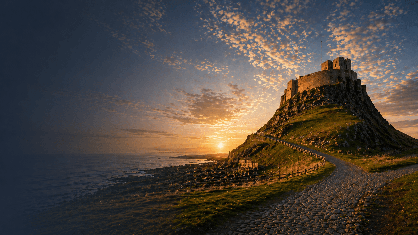 Lindisfarne Castle on Holy Island, Northumberland, at sunset